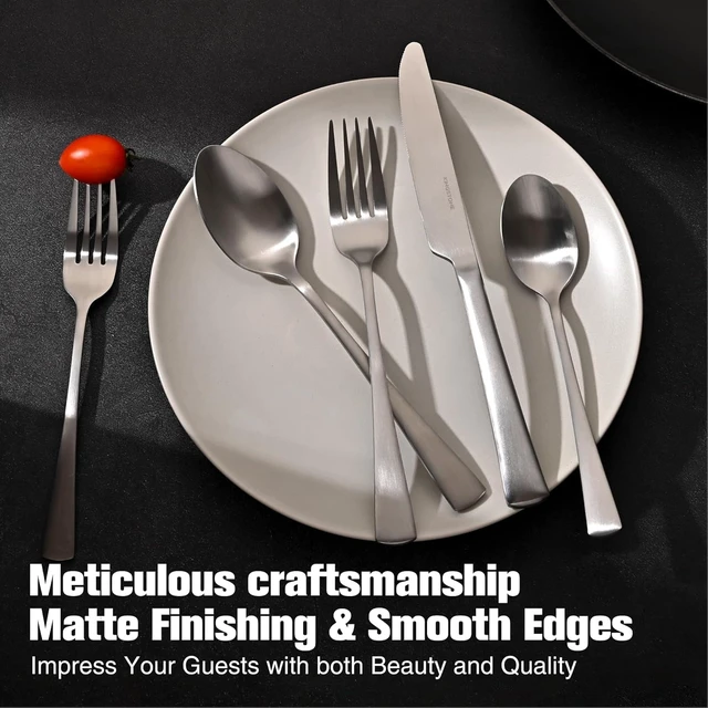 Alt view image 6 of 7 - 18/10 Flatware set for 12, 60 Piece Matte Stainless Steel Silverware Set | Forged Flatware Cutlery Set, Mirror Polished Knives Fork and Spoon Utensils, Dishwaher Safe for Home Wedding Party