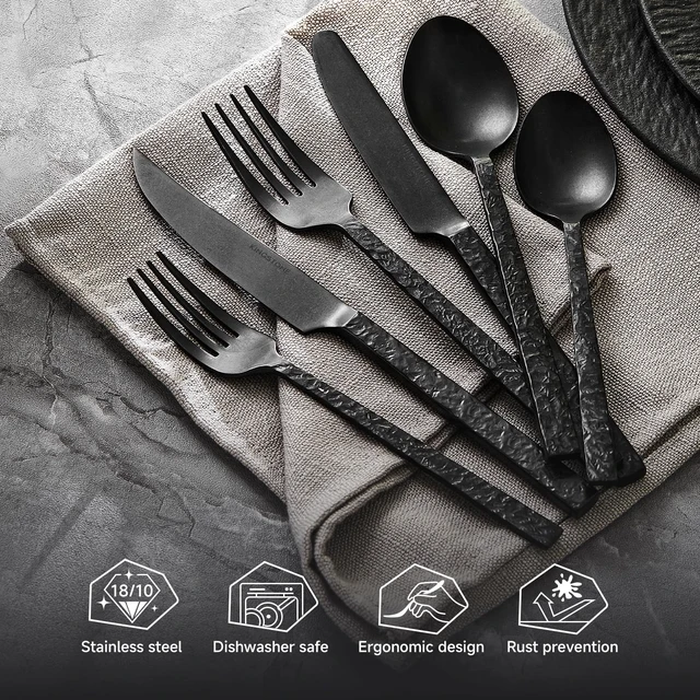 Alt view image 3 of 7 - 36 Pcs Black Hammered Silverware Set with Steak Knives for 6, 18/10 Steel | 18/10 Stainless Steel Heavy Duty Forks Spoons Knives Tableware Cutlery Utensil Sets for Home, Party, Gift, Dishwasher Safe
