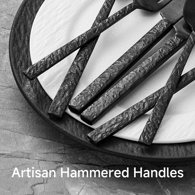 Alt view image 5 of 7 - 36 Pcs Black Hammered Silverware Set with Steak Knives for 6, 18/10 Steel | 18/10 Stainless Steel Heavy Duty Forks Spoons Knives Tableware Cutlery Utensil Sets for Home, Party, Gift, Dishwasher Safe