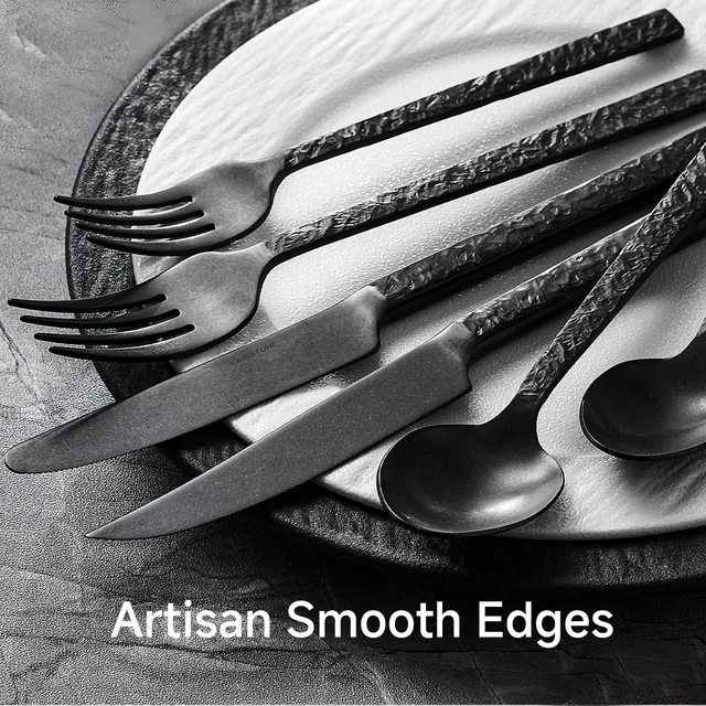 Alt view image 6 of 7 - 36 Pcs Black Hammered Silverware Set with Steak Knives for 6, 18/10 Steel | 18/10 Stainless Steel Heavy Duty Forks Spoons Knives Tableware Cutlery Utensil Sets for Home, Party, Gift, Dishwasher Safe