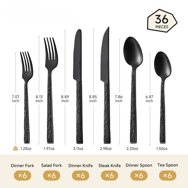 Alt view image 2 of 7 - 36 Pcs Black Hammered Silverware Set with Steak Knives for 6, 18/10 Steel | 18/10 Stainless Steel Heavy Duty Forks Spoons Knives Tableware Cutlery Utensil Sets for Home, Party, Gift, Dishwasher Safe