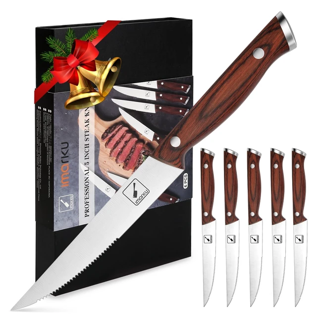 Alt view image 2 of 7 - Steak Knives Set of 6, Japanese HC Steel, 5" Serrated, Gift Box | Premium Serrated Steak Knife Set with Ergonomic Handle, Home Essential, Perfect Gifts for Women and Men, Restaurant Use