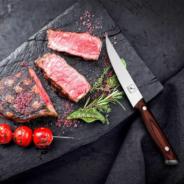 Alt view image 6 of 7 - Steak Knives Set of 6, Japanese HC Steel, 5" Serrated, Gift Box | Premium Serrated Steak Knife Set with Ergonomic Handle, Home Essential, Perfect Gifts for Women and Men, Restaurant Use