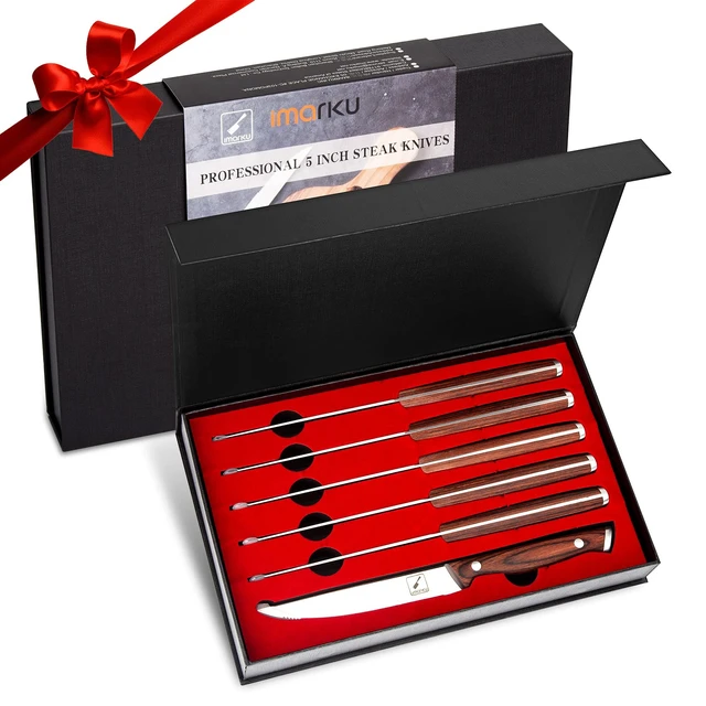 Alt view image 7 of 7 - Steak Knives Set of 6, Japanese HC Steel, 5" Serrated, Gift Box | Premium Serrated Steak Knife Set with Ergonomic Handle, Home Essential, Perfect Gifts for Women and Men, Restaurant Use