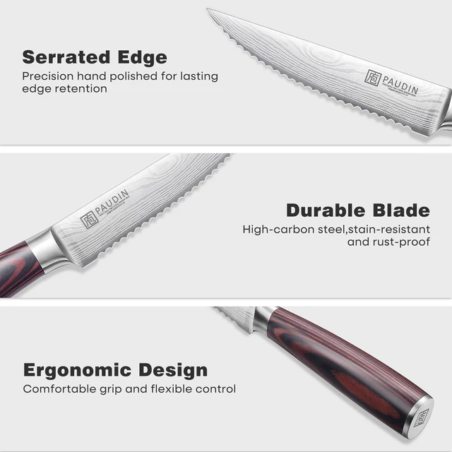 Alt view image 3 of 7 - Steak Knives, Steak Knives Set of 6, Serrated Steak Knife 4.5 Inch | Ultra Sharp High Carbon Stainless Steel Steak Knife Set with Pakkawood Handle, Ideal Gifts
