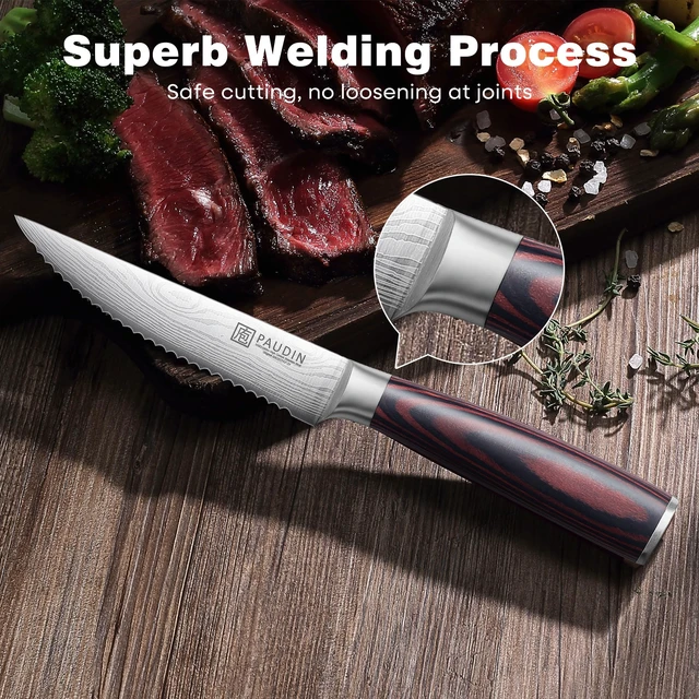 Alt view image 5 of 7 - Steak Knives, Steak Knives Set of 6, Serrated Steak Knife 4.5 Inch | Ultra Sharp High Carbon Stainless Steel Steak Knife Set with Pakkawood Handle, Ideal Gifts