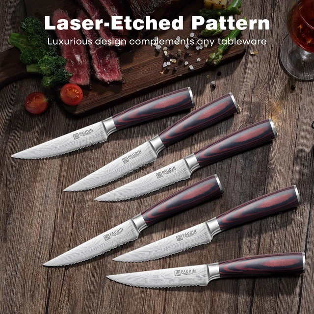 Alt view image 6 of 7 - Steak Knives, Steak Knives Set of 6, Serrated Steak Knife 4.5 Inch | Ultra Sharp High Carbon Stainless Steel Steak Knife Set with Pakkawood Handle, Ideal Gifts