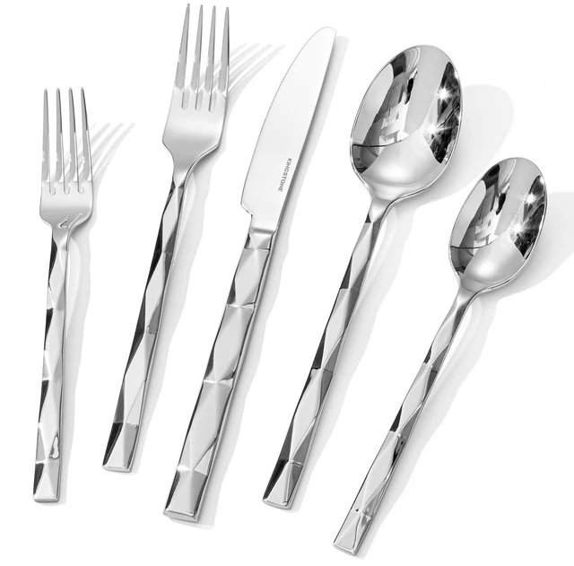 Main image of 40 Piece 18/10 Silverware Set, Stainless Steel Flatware Cutlery set for 8 | Luxury Silverware with Diamond Cut Pattern, Mirror Polished Utensils for Kitchen, Wedding, Party, Dishwasher Safe