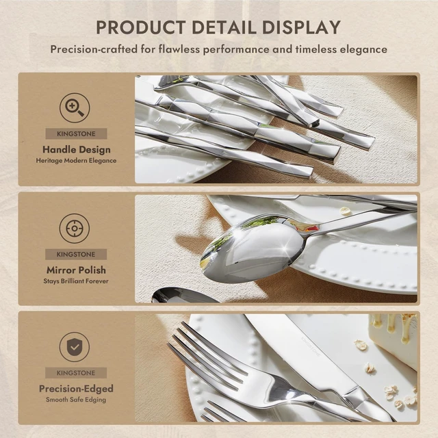 Alt view image 3 of 7 - 40 Piece 18/10 Silverware Set, Stainless Steel Flatware Cutlery set for 8 | Luxury Silverware with Diamond Cut Pattern, Mirror Polished Utensils for Kitchen, Wedding, Party, Dishwasher Safe