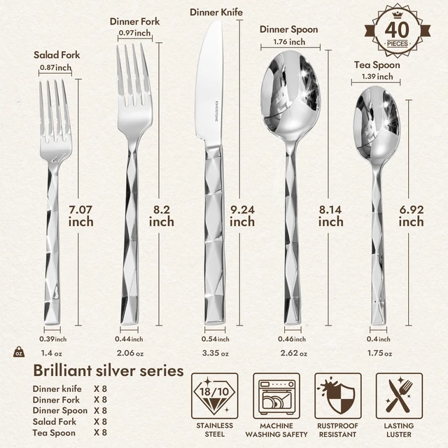 Alt view image 7 of 7 - 40 Piece 18/10 Silverware Set, Stainless Steel Flatware Cutlery set for 8 | Luxury Silverware with Diamond Cut Pattern, Mirror Polished Utensils for Kitchen, Wedding, Party, Dishwasher Safe
