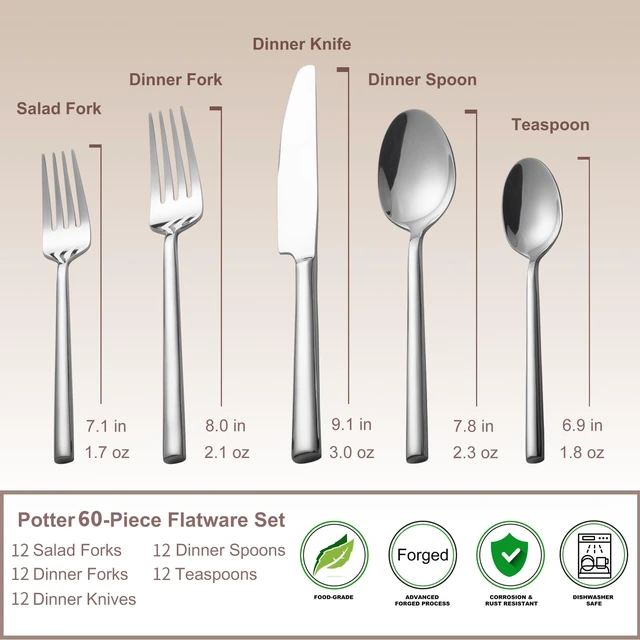 Alt view image 5 of 7 - Potter 60-Piece Forged Silverware Set Stainless Steel Flatware Set Cutlery Set, Service for 12, Mirror Finish, Dishwasher Safe