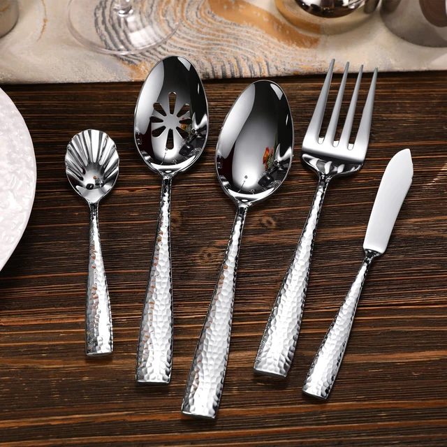 Alt view image 3 of 7 - Premium Louis Hammered 20/45/65-Piece Silverware Set (45) | 18/10 Stainless Steel Fine Flatware Set; Squared-Edge Design; Service for 4/8/12; Brilliant Mirror Finish; Dishwasher Safe