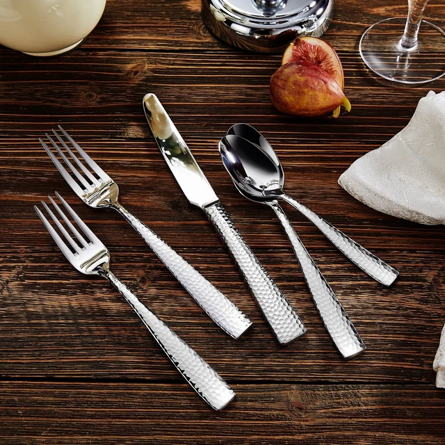 Alt view image 2 of 7 - Premium Louis Hammered 20/45/65-Piece Silverware Set (45) | 18/10 Stainless Steel Fine Flatware Set; Squared-Edge Design; Service for 4/8/12; Brilliant Mirror Finish; Dishwasher Safe