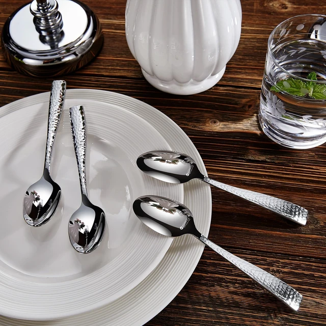 Alt view image 6 of 7 - Premium Louis Hammered 20/45/65-Piece Silverware Set (45) | 18/10 Stainless Steel Fine Flatware Set; Squared-Edge Design; Service for 4/8/12; Brilliant Mirror Finish; Dishwasher Safe