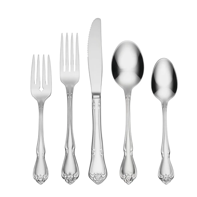 Main image of True Rose 45 Piece Everyday Flatware, Service for 8, 18/0 Stainless Steel, Silverware Set, Silver