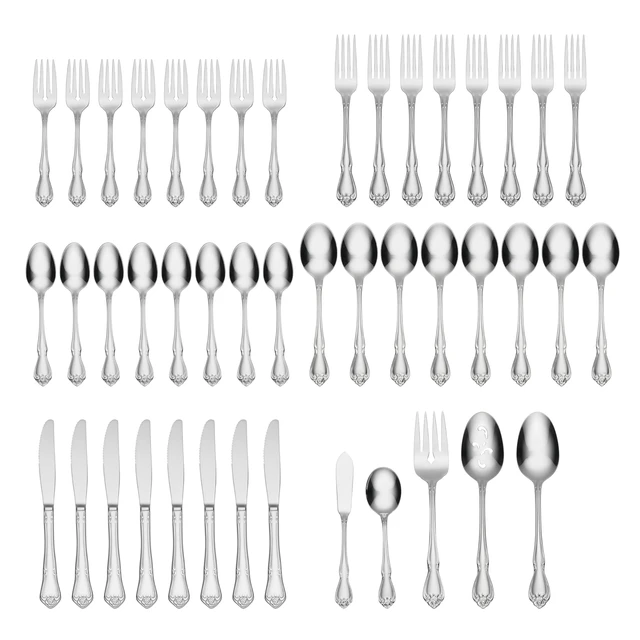 Alt view image 2 of 7 - True Rose 45 Piece Everyday Flatware, Service for 8, 18/0 Stainless Steel, Silverware Set, Silver