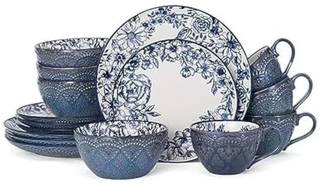 Main image of Gabriela Blue 16-Piece Dinnerware Set, Service for 4, Durable Stoneware Plates, Bowls, and Mugs with Elegant Blue Pattern, Dishwasher Safe