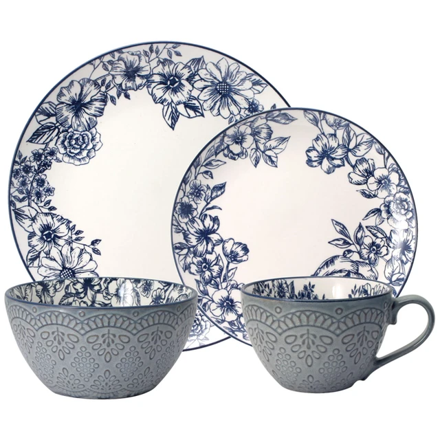 Alt view image 2 of 7 - Gabriela Blue 16-Piece Dinnerware Set, Service for 4, Durable Stoneware Plates, Bowls, and Mugs with Elegant Blue Pattern, Dishwasher Safe