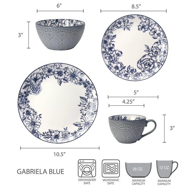 Alt view image 4 of 7 - Gabriela Blue 16-Piece Dinnerware Set, Service for 4, Durable Stoneware Plates, Bowls, and Mugs with Elegant Blue Pattern, Dishwasher Safe