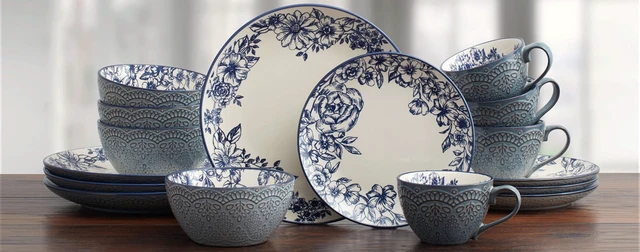 Alt view image 7 of 7 - Gabriela Blue 16-Piece Dinnerware Set, Service for 4, Durable Stoneware Plates, Bowls, and Mugs with Elegant Blue Pattern, Dishwasher Safe