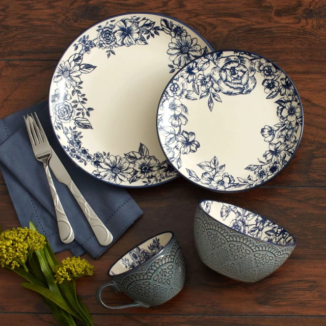 Alt view image 6 of 7 - Gabriela Blue 16-Piece Dinnerware Set, Service for 4, Durable Stoneware Plates, Bowls, and Mugs with Elegant Blue Pattern, Dishwasher Safe