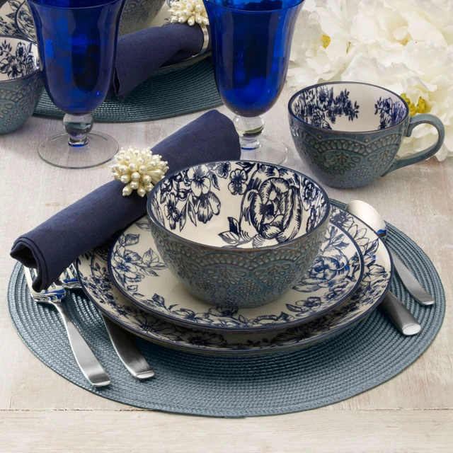 Alt view image 5 of 7 - Gabriela Blue 16-Piece Dinnerware Set, Service for 4, Durable Stoneware Plates, Bowls, and Mugs with Elegant Blue Pattern, Dishwasher Safe