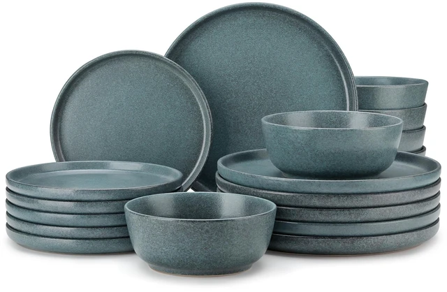 Main image of Plates and Bowls Sets, 18 Pieces Stoneware Dinnerware Set for 6, Ceramic Dish Set for Kitchen, Microwave and Dishwasher Safe, Smoky Teal, Series ZERMATT
