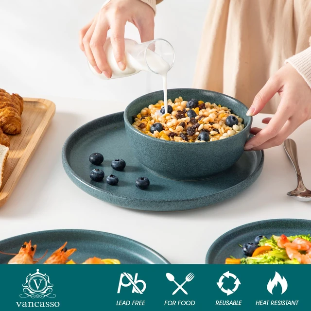 Alt view image 3 of 7 - Plates and Bowls Sets, 18 Pieces Stoneware Dinnerware Set for 6, Ceramic Dish Set for Kitchen, Microwave and Dishwasher Safe, Smoky Teal, Series ZERMATT
