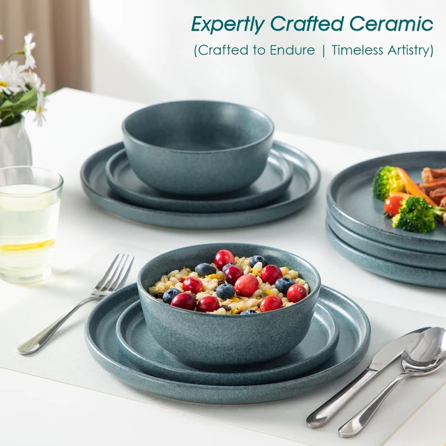 Alt view image 5 of 7 - Plates and Bowls Sets, 18 Pieces Stoneware Dinnerware Set for 6, Ceramic Dish Set for Kitchen, Microwave and Dishwasher Safe, Smoky Teal, Series ZERMATT