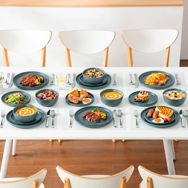 Alt view image 6 of 7 - Plates and Bowls Sets, 18 Pieces Stoneware Dinnerware Set for 6, Ceramic Dish Set for Kitchen, Microwave and Dishwasher Safe, Smoky Teal, Series ZERMATT