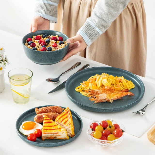 Alt view image 7 of 7 - Plates and Bowls Sets, 18 Pieces Stoneware Dinnerware Set for 6, Ceramic Dish Set for Kitchen, Microwave and Dishwasher Safe, Smoky Teal, Series ZERMATT