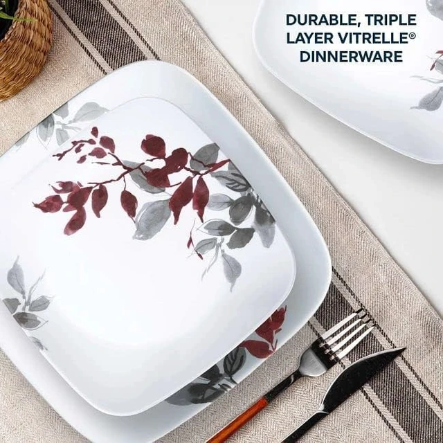 Alt view image 2 of 5 - Kyoto Leaves 16pc, Service for 4, Dinnerware Set, 8 plates bowls, Chip & Break Resistant, Dinner and ware White