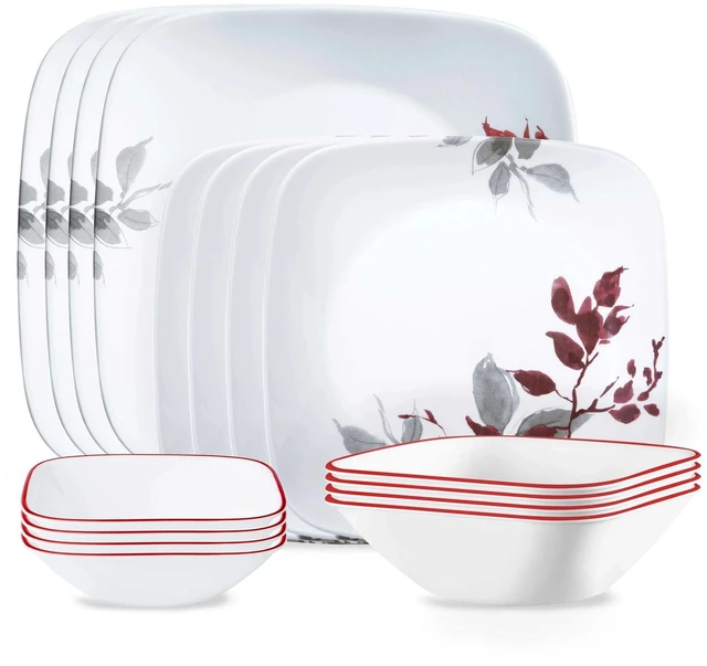 Main image of Kyoto Leaves 16pc, Service for 4, Dinnerware Set, 8 plates bowls, Chip & Break Resistant, Dinner and ware White