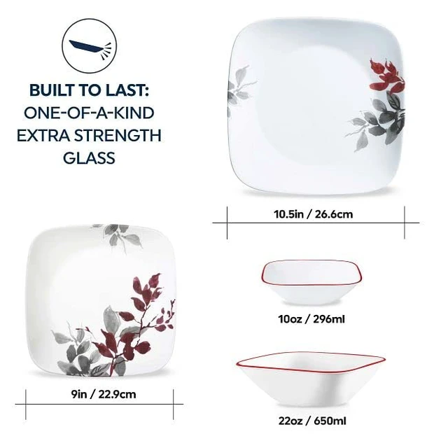 Alt view image 4 of 5 - Kyoto Leaves 16pc, Service for 4, Dinnerware Set, 8 plates bowls, Chip & Break Resistant, Dinner and ware White