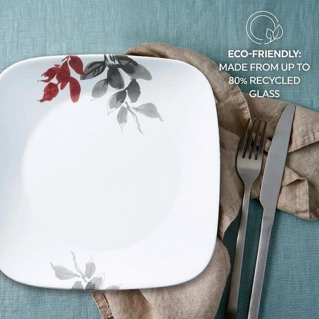 Alt view image 5 of 5 - Kyoto Leaves 16pc, Service for 4, Dinnerware Set, 8 plates bowls, Chip & Break Resistant, Dinner and ware White