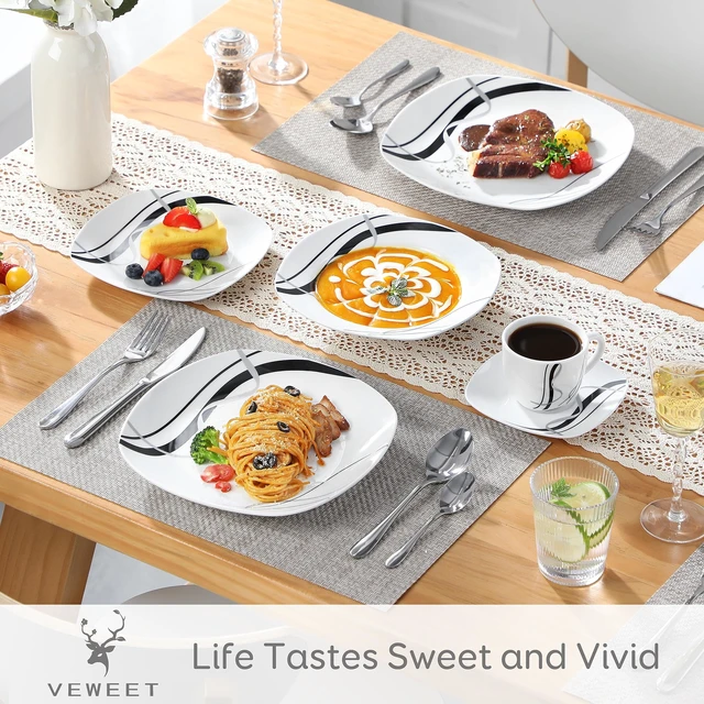 Alt view image 3 of 7 - Ceramic Dinnerware Sets for 6, White and Black Dishes Set, FIONA | Porcelain Dinner Set Including Dessert Plates, Soup Plates, Dinner Plates, Cups & Saucers, Microwave & Dishwasher Safe