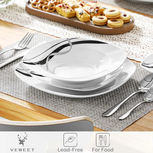 Alt view image 5 of 7 - Ceramic Dinnerware Sets for 6, White and Black Dishes Set, FIONA | Porcelain Dinner Set Including Dessert Plates, Soup Plates, Dinner Plates, Cups & Saucers, Microwave & Dishwasher Safe