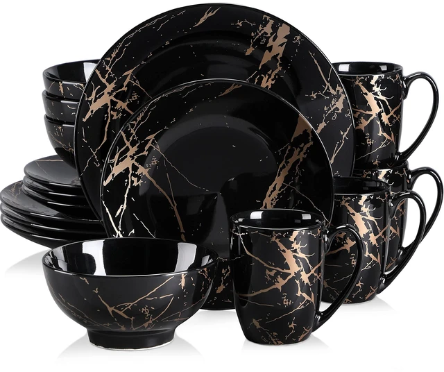 Main image of Black Plates and Bowls Sets for 4, Porcelain Dinnerware Sets 16 Piece Gold Splash Glaze Ceramic Dish Set, Round Dinner Set with Mugs, Dishwasher Microwave Safe