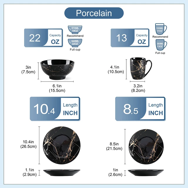 Alt view image 2 of 7 - Black Plates and Bowls Sets for 4, Porcelain Dinnerware Sets 16 Piece Gold Splash Glaze Ceramic Dish Set, Round Dinner Set with Mugs, Dishwasher Microwave Safe