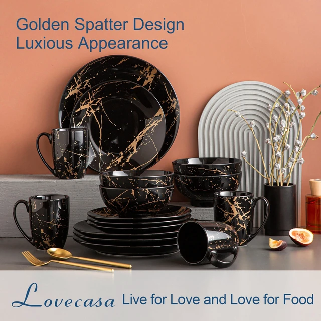 Alt view image 3 of 7 - Black Plates and Bowls Sets for 4, Porcelain Dinnerware Sets 16 Piece Gold Splash Glaze Ceramic Dish Set, Round Dinner Set with Mugs, Dishwasher Microwave Safe