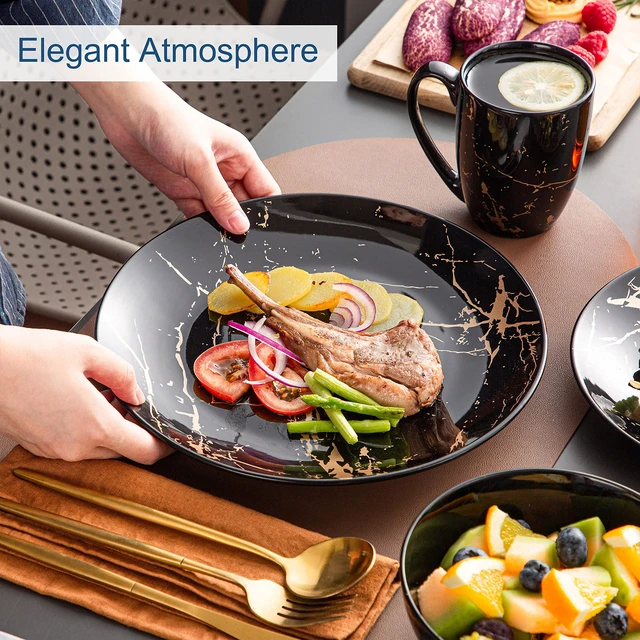 Alt view image 5 of 7 - Black Plates and Bowls Sets for 4, Porcelain Dinnerware Sets 16 Piece Gold Splash Glaze Ceramic Dish Set, Round Dinner Set with Mugs, Dishwasher Microwave Safe