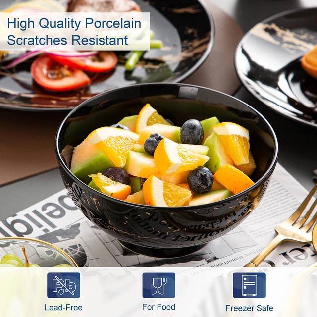 Alt view image 4 of 7 - Black Plates and Bowls Sets for 4, Porcelain Dinnerware Sets 16 Piece Gold Splash Glaze Ceramic Dish Set, Round Dinner Set with Mugs, Dishwasher Microwave Safe