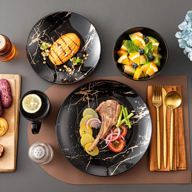 Alt view image 6 of 7 - Black Plates and Bowls Sets for 4, Porcelain Dinnerware Sets 16 Piece Gold Splash Glaze Ceramic Dish Set, Round Dinner Set with Mugs, Dishwasher Microwave Safe