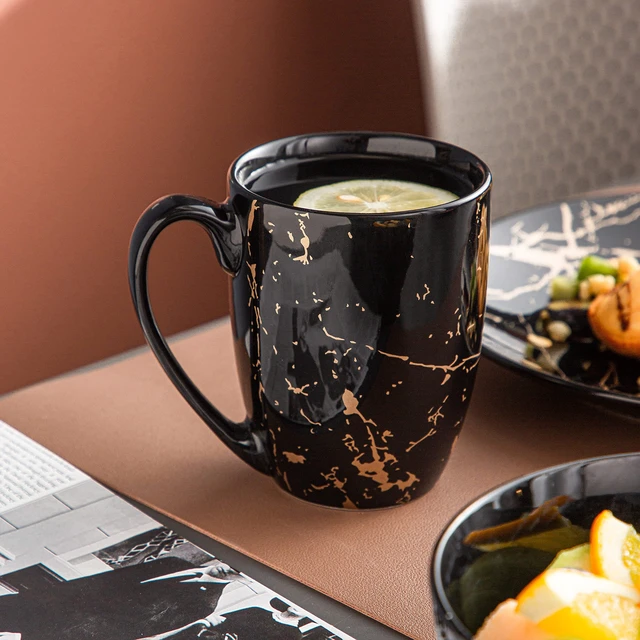 Alt view image 7 of 7 - Black Plates and Bowls Sets for 4, Porcelain Dinnerware Sets 16 Piece Gold Splash Glaze Ceramic Dish Set, Round Dinner Set with Mugs, Dishwasher Microwave Safe