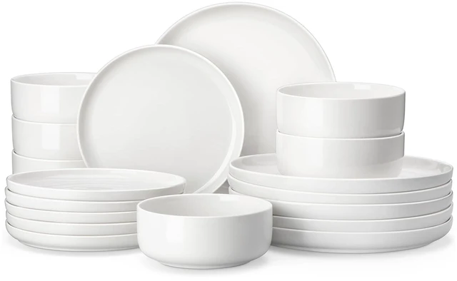 Main image of 18 Pcs Porcelain Plates and Bowls Sets,Dinnerware Set for 6,White | Modern Ceramic Dishware,Kitchen Dining Ware,Microwave and Dishwasher Safe,Simple Solid White Design,Series LUNA