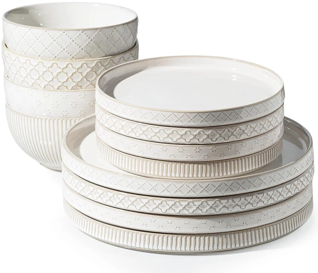 Main image of Dinnerware Sets, Plates and Bowls Sets (10.5 Dish + 8 Dish + 6 Bowl) for 4, Microwave and Dishwasher Safe, Ceramic Dinnerware Set (12 Piece)