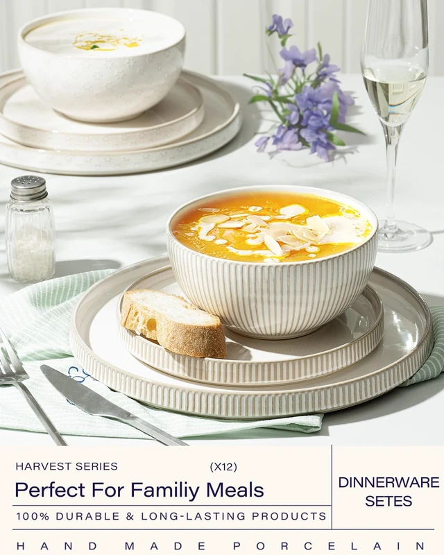 Alt view image 2 of 6 - Dinnerware Sets, Plates and Bowls Sets (10.5 Dish + 8 Dish + 6 Bowl) for 4, Microwave and Dishwasher Safe, Ceramic Dinnerware Set (12 Piece)