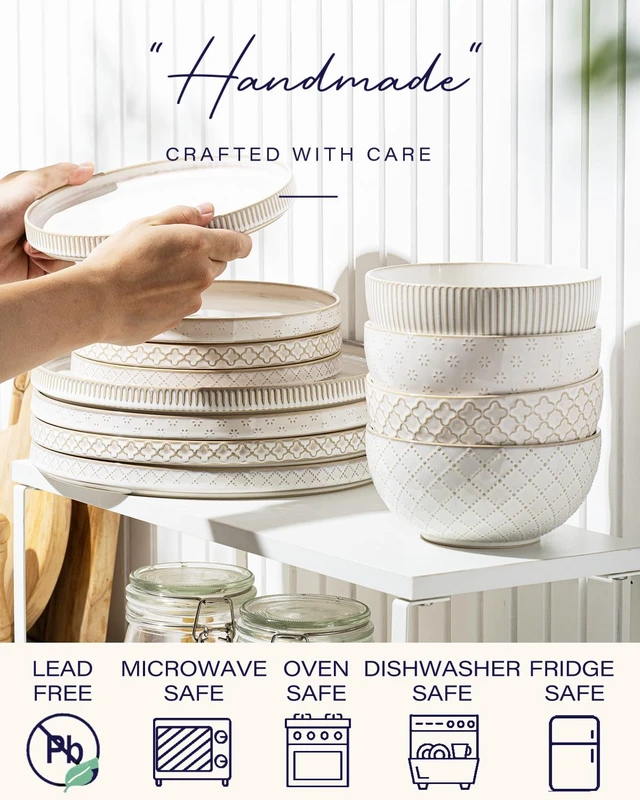 Alt view image 3 of 6 - Dinnerware Sets, Plates and Bowls Sets (10.5 Dish + 8 Dish + 6 Bowl) for 4, Microwave and Dishwasher Safe, Ceramic Dinnerware Set (12 Piece)