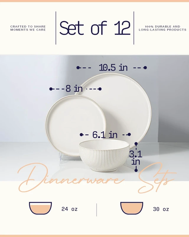 Alt view image 4 of 6 - Dinnerware Sets, Plates and Bowls Sets (10.5 Dish + 8 Dish + 6 Bowl) for 4, Microwave and Dishwasher Safe, Ceramic Dinnerware Set (12 Piece)