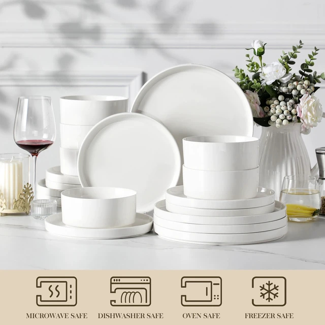 Alt view image 4 of 7 - 18 Pieces Porcelain Dinnerware Set, Modern White Dish Set for 6, Premium Serving Plates and Bowls Sets, Chip and Scratch Resistant Dishware Sets Kitchen Dishes Dining Ware Set, Series LEAH